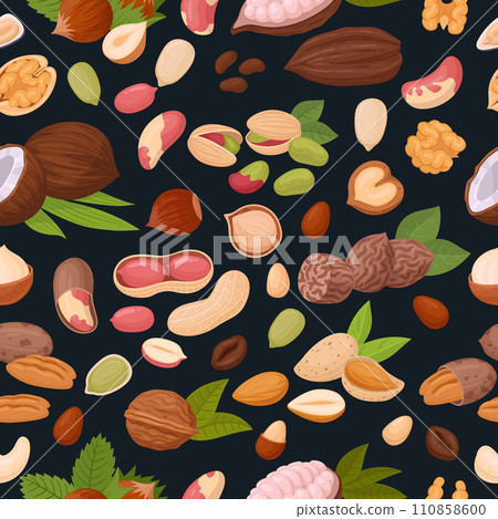 Nuts seamless design. Nuts and seeds print, walnut, almond, peanut and macadamia flat vector seamless background. Nuts and seeds endless illustration Nuts seamless design. Nuts and seeds print, walnut, almond, peanut and macadamia flat vector seamless background. Nuts and seeds endless illustration 110858600