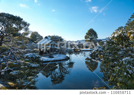 花園裡有一個池塘，上面覆蓋著一層薄薄的雪。岡山縣津山市 大名庭園“修樂園” 110858711