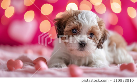 AI-generated content. Cavalier King Charles Spaniel puppy lies and poses against a blurred crimson background with bokeh lights and pink hearts. Studio photo, holiday concept. 110858810