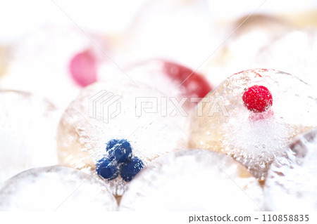 A small blue fruit and a small red fruit trapped in ice on a midwinter morning A small blue fruit and a small red fruit trapped in ice on a midwinter morning 110858835