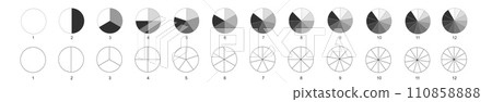 Circle divides on equal parts from 1 to 12. Donut or pie chart templates. Round shapes cut in slices. Set of wheel diagrams with sectors isolated on white background 110858888