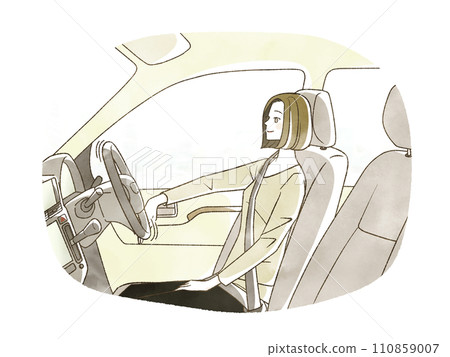 A woman driving in a self-driving car 110859007
