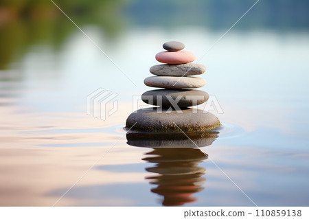 Zen stone stack on water with nature background for balance and harmony Zen stone stack on water with nature background for balance and harmony 110859138