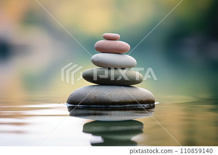 Zen stone stack on water with nature background for balance and harmony Zen stone stack on water with nature background for balance and harmony 110859140