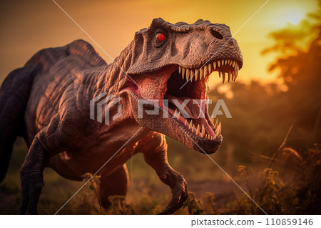 Tyrannosaurus rex roaring in a prehistoric forest with ferns and sunlight 110859146