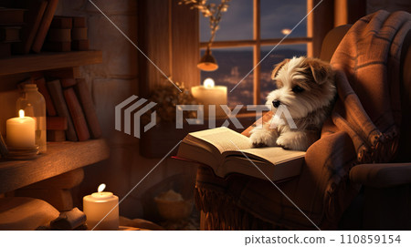 一隻狗在溫暖的燭光房間裡讀書的“人工智慧生成圖像” 110859154