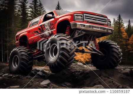 Monster Truck driving off-road outdoors 110859187
