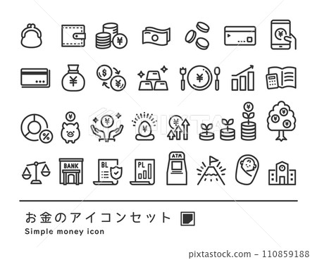Money icon set _ (simple vector transparent background line drawing monochrome black) 110859188