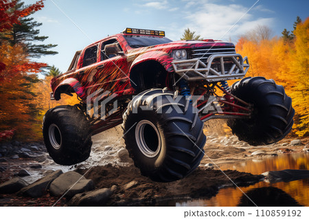Monster Truck driving off-road outdoors Monster Truck driving off-road outdoors 110859192
