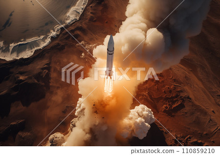 Aerial view of rocket launch at sunrise over ocean coast Aerial view of rocket launch at sunrise over ocean coast 110859210