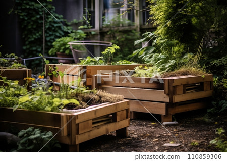 Vegetable garden in the city, wooden beds for growing vegetables, hobbies and recreation Vegetable garden in the city, wooden beds for growing vegetables, hobbies and recreation 110859306