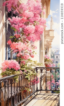 Watercolor illustration of summer flowers on balcony or terrace, flowers in pots, home decoration with flowers Watercolor illustration of summer flowers on balcony or terrace, flowers in pots, home decoration with flowers 110859319