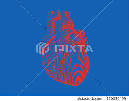 Stylized red human organ heart illustration on deep blue BG Stylized red human organ heart illustration on deep blue BG 110859409