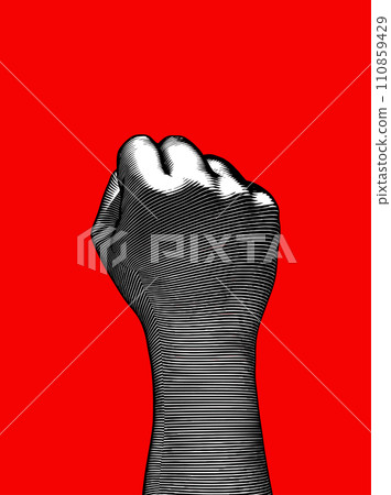 Black and white engraving back human fist wrist illustration on red BG Black and white engraving back human fist wrist illustration on red BG 110859429