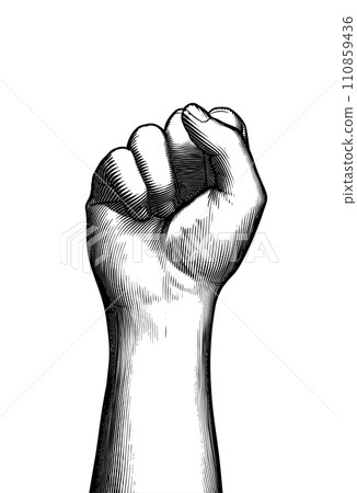 Black engraving human fist wrist hand up illustration on white BG 110859436