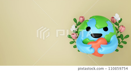 3d planet hug heart with flower and butterfly on yellow background. Concept of Save the Earth, Protect environmental and eco green life, ecology and nature protect. 3d rendering illustration. 110859754
