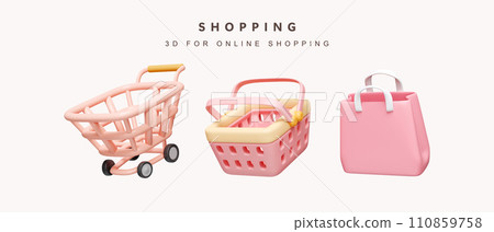 3d cart, basket and shopping bag. Set for shopping concept. icon isolated on white background. 3d rendering illustration. Clipping path. 110859758