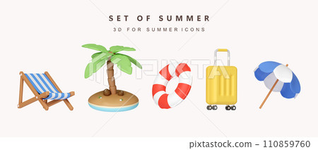 3d Set of summer icon for summer vacation concept. icon isolated on white background. 3d rendering illustration. Clipping path. 110859760