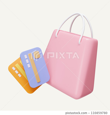 3d shopping paper bag credit card. electronic payment concept. Credit card paying. icon isolated on white background. 3d rendering illustration. Clipping path. 110859780