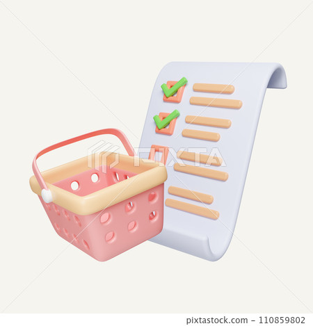 Shopping list with correct mark and shopping basket. Order checklist task clipboard for store. sell plan. icon isolated on white background. 3d rendering illustration. Clipping path. 110859802