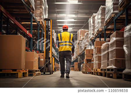 Warehouse Worker Operating Forklift Amidst Aisles with Packaged Goods 110859838
