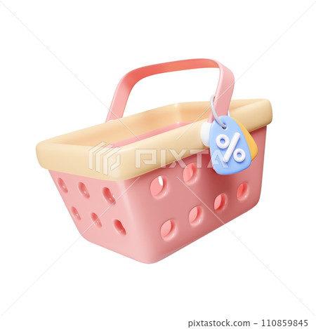 3d basket shopping with price tags for online shopping and supermarket. discount coupon of cash, special offer promotion. icon isolated on white background. 3d rendering illustration. Clipping path. 3d basket shopping with price tags for online shopping and supermarket. discount coupon of cash, special offer promotion. icon isolated on white background. 3d rendering illustration. Clipping path. 110859845