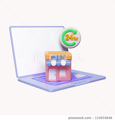 3d online shopping E-commerce, store, box, 24 hours on laptop. Marketplace online. icon isolated on white background. 3d rendering illustration. Clipping path. 3d online shopping E-commerce, store, box, 24 hours on laptop. Marketplace online. icon isolated on white background. 3d rendering illustration. Clipping path. 110859846