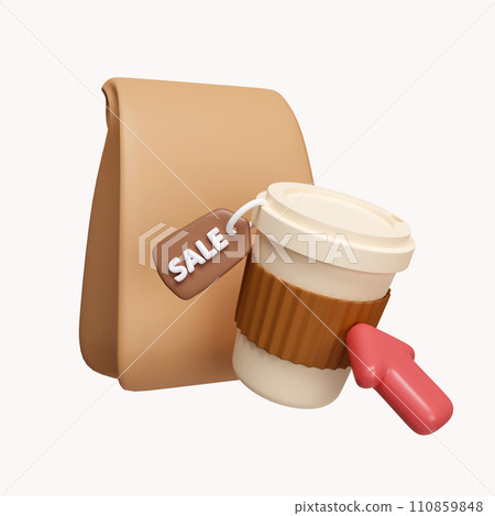 3d coffee with click mouse. order food online. food delivery. icon isolated on white background. 3d rendering illustration. Clipping path. 3d coffee with click mouse. order food online. food delivery. icon isolated on white background. 3d rendering illustration. Clipping path. 110859848