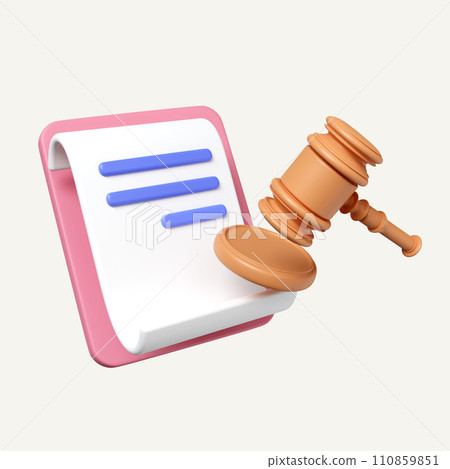 3d judge gavel on paper clipboard. punishment. judgement. law advisor. advocate. Judge arbitrate courthouse concept. icon isolated on white background. 3d rendering illustration. Clipping path. 3d judge gavel on paper clipboard. punishment. judgement. law advisor. advocate. Judge arbitrate courthouse concept. icon isolated on white background. 3d rendering illustration. Clipping path. 110859851