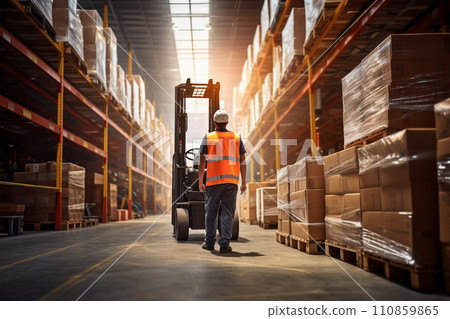Warehouse Worker Operating Forklift Amidst Aisles with Packaged Goods 110859865