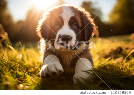 Curious Saint Bernard Puppy Exploring the Outdoors 110859869
