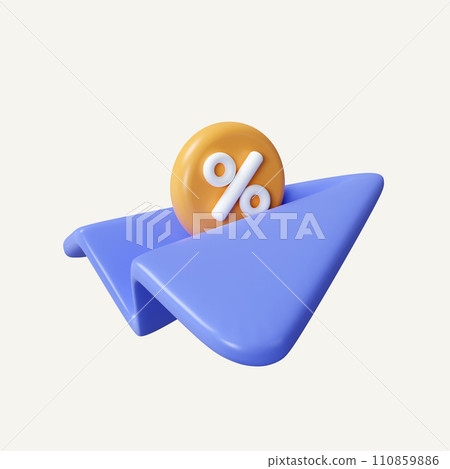 3 d paper airplane with percent. online discount coupons. online store discount percentage concept. icon isolated on white background. 3d rendering illustration. Clipping path. 110859886