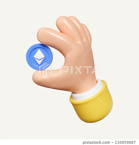 3D hand hold cryptocurrency coin. Investing in cryptocurrency. Crypto mining and trading. Blockchain technology concept. icon isolated on white background. 3d rendering illustration. Clipping path. 110859887