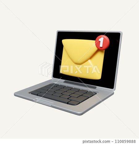 3d email message on computer laptop screen. Letter in envelope with tick. Email advertising, direct digital marketing. icon isolated on white background. 3d rendering illustration. Clipping path. 110859888
