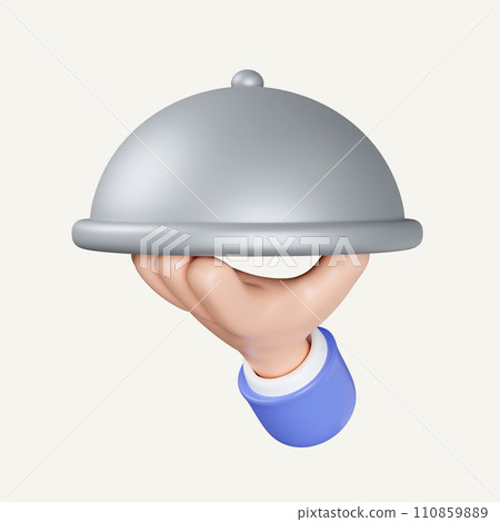 3d hand holding metal tray with cover. Business concept. presentation of ideas, plans, marketing strategies. icon isolated on white background. 3d rendering illustration. Clipping path. 110859889