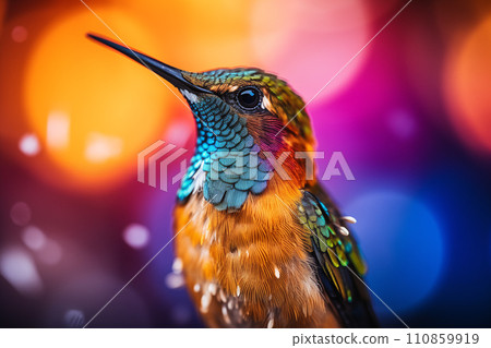 Vibrant Close-Up of a Colorful Hummingbird 110859919