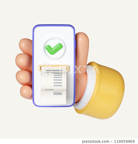 3d Hand hold smartphone with paper check. Payment Approved. Easy Payments. Successful operation concept. icon isolated on white background. 3d rendering illustration. Clipping path. 3d Hand hold smartphone with paper check. Payment Approved. Easy Payments. Successful operation concept. icon isolated on white background. 3d rendering illustration. Clipping path. 110859969