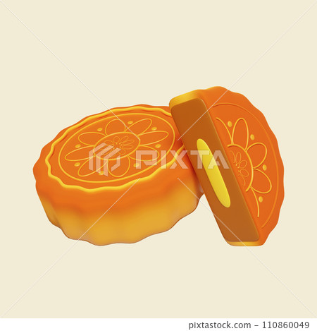 3d mooncake. Mid autumn festival. icon isolated on yellow background. 3d rendering illustration. Clipping path. 3d mooncake. Mid autumn festival. icon isolated on yellow background. 3d rendering illustration. Clipping path. 110860049