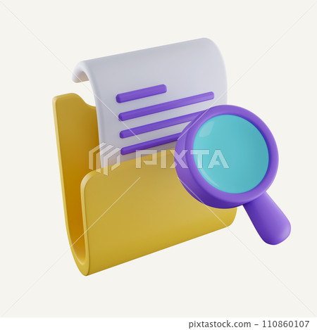3d Magnifying glass and yellow folder with files. concept of document search. search file storage database via magnifier. icon isolated on white background. 3d rendering illustration. Clipping path 110860107