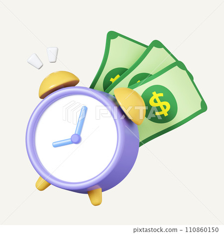3D Alarm clock with money. Transfer money to the account reminder. icon isolated on white background. 3d rendering illustration. Clipping path. 3D Alarm clock with money. Transfer money to the account reminder. icon isolated on white background. 3d rendering illustration. Clipping path. 110860150