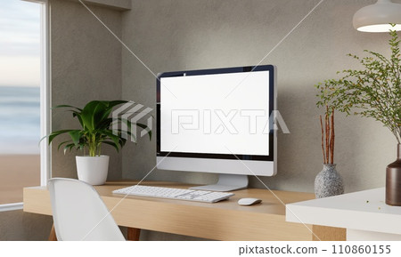 A modern PC computer blank screen mockup is on a table in a modern minimal home office. 3d render illustration 110860155
