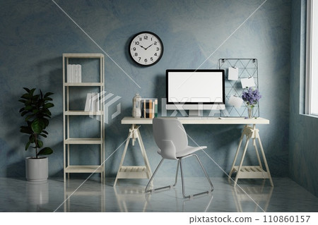 A modern PC computer blank screen mockup is on a table in a modern minimal home office. 3d render illustration A modern PC computer blank screen mockup is on a table in a modern minimal home office. 3d render illustration 110860157