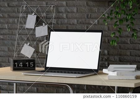 Minimalist workspace with a laptop mockup on a table in a minimal office. 3d render illustration Minimalist workspace with a laptop mockup on a table in a minimal office. 3d render illustration 110860159