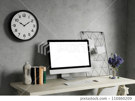 A modern PC computer blank screen mockup is on a table in a modern minimal home office. 3d render illustration A modern PC computer blank screen mockup is on a table in a modern minimal home office. 3d render illustration 110860209
