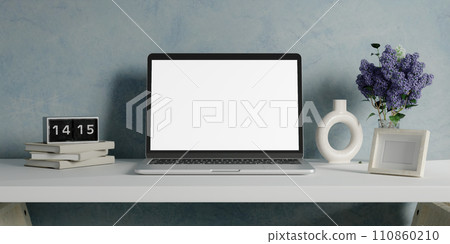 Minimalist workspace with a laptop mockup on a table in a minimal office. 3d render illustration Minimalist workspace with a laptop mockup on a table in a minimal office. 3d render illustration 110860210