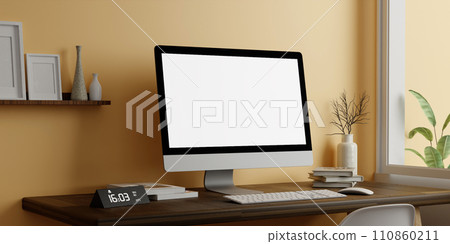 A modern PC computer blank screen mockup is on a table in a modern minimal home office. 3d render illustration A modern PC computer blank screen mockup is on a table in a modern minimal home office. 3d render illustration 110860211