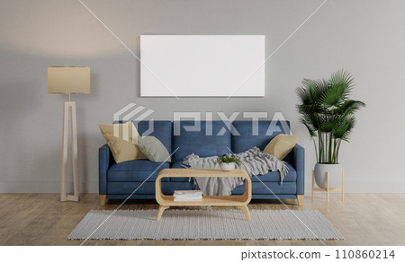 Blank picture frame mockup on white wall. Modern living room design. View of modern Scandinavian style interior with sofa. 3d render illustration 110860214