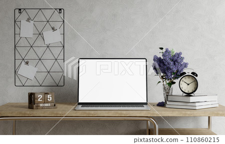 Minimalist workspace with a laptop mockup on a table in a minimal office. 3d render illustration 110860215