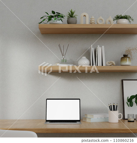 Minimalist workspace with a laptop mockup on a table in a minimal office. 3d render illustration Minimalist workspace with a laptop mockup on a table in a minimal office. 3d render illustration 110860216