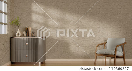 Modern minimalist interior with an armchair on empty white wall background. 3D rendering illustration Modern minimalist interior with an armchair on empty white wall background. 3D rendering illustration 110860237